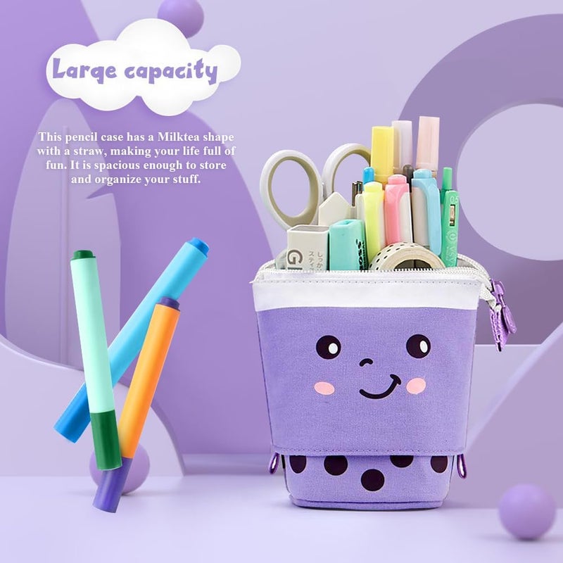 KPX Cute Standing Pencil Case Pen Holder for Kids, Pop Up Stand UP Bubble Tea Pen Organizer Kawaii Stationary for Christmas Holiday New Year Office (Purple) - Image 4